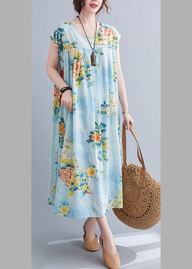 Vintage Flower Number Five O-Neck Print Pockets Wrinkled Cotton Long Dress Short Sleeve