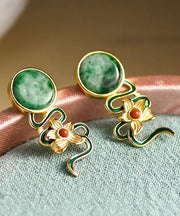 Vintage Green Jade Floral Silver Stud Earrings