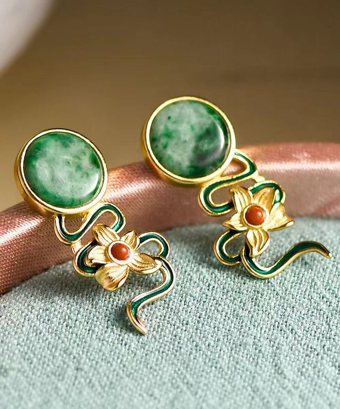 Vintage Green Jade Floral Silver Stud Earrings