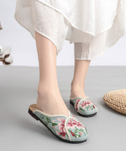 Vintage Green Linen Fabric Embroideried Comfy Slide Sandals