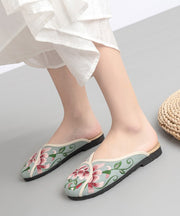 Vintage Green Linen Fabric Embroideried Comfy Slide Sandals