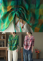 Vintage Green Loose Plaid drawstring Fall Long sleeve Shirt