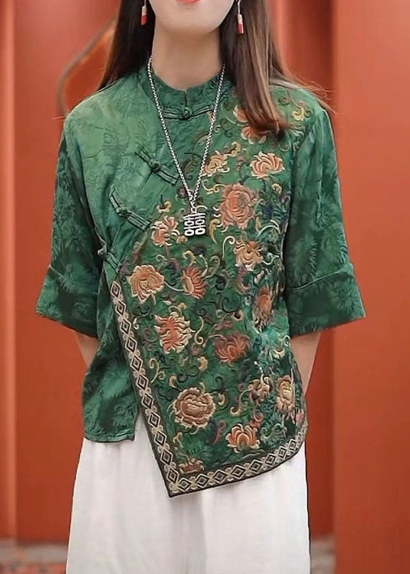 Vintage Green Mandarin Collar Asymmetrical Embroidered Silk Shirts Half Sleeve