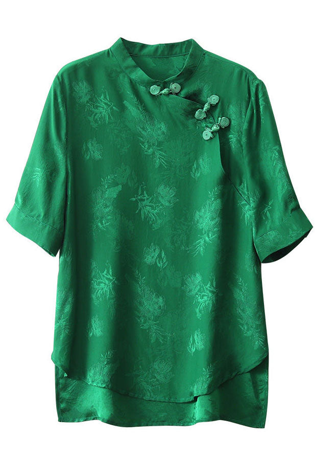 Vintage Green Mandarin Collar Jacquard Oriental Button Silk Shirt Tops Short Sleeve