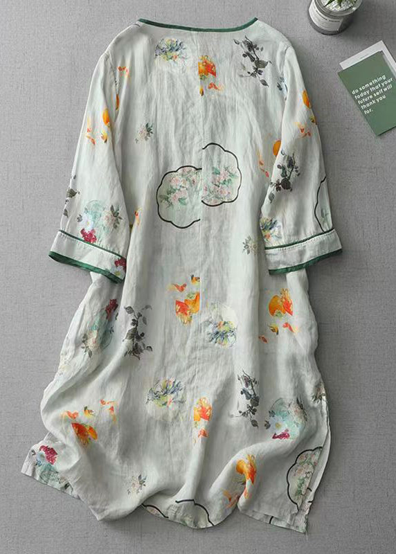 Vintage Green O Neck Print Chinese Button Cotton Dress Spring