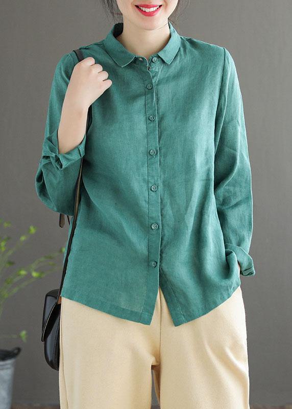 Vintage Green Peter Pan Collar Patchwork Summer Linen Blouses Long Sleeve - bagstylebliss