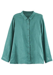 Vintage Green Peter Pan Collar Patchwork Summer Linen Blouses Long Sleeve - bagstylebliss