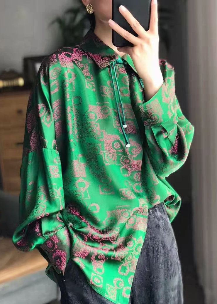 Vintage Green Peter Pan Collar Print Patchwork Silk Shirt Fall