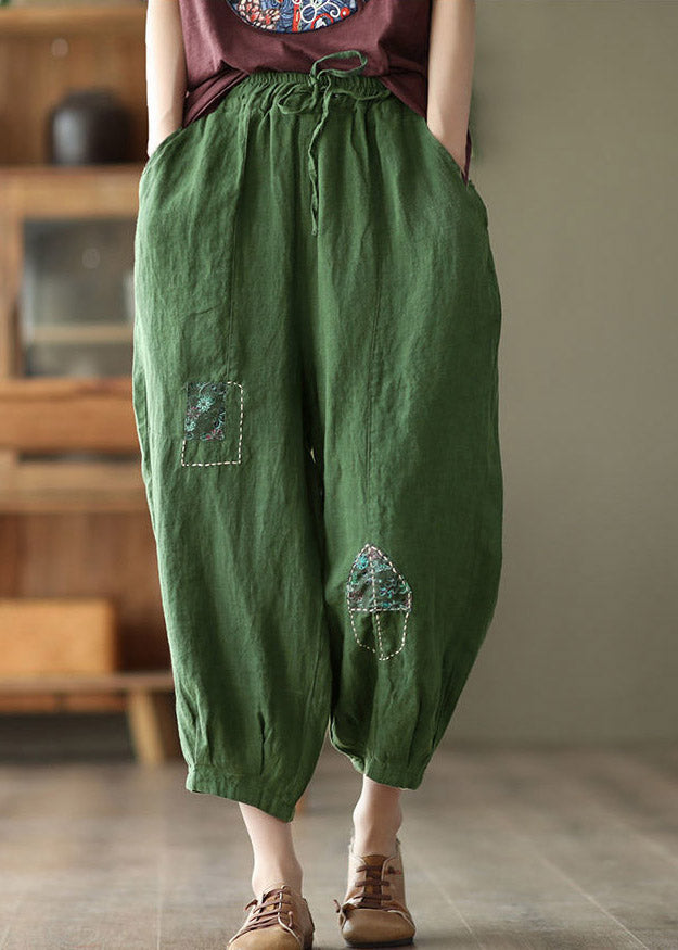 Vintage Green Pockets Print Elastic Waist Linen Harem Pants Summer