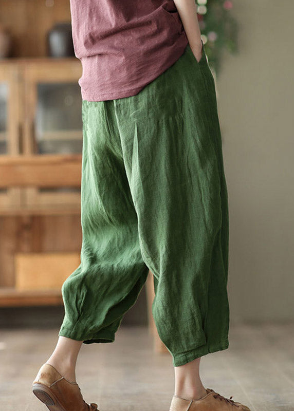 Vintage Green Pockets Print Elastic Waist Linen Harem Pants Summer