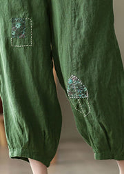 Vintage Green Pockets Print Elastic Waist Linen Harem Pants Summer