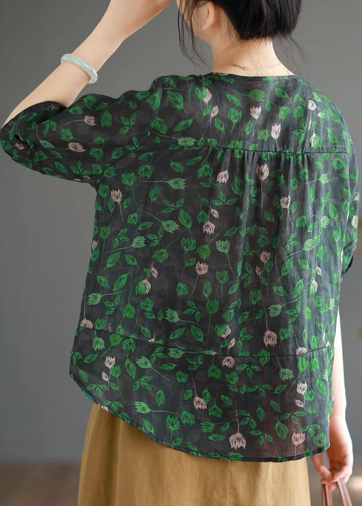 Vintage Green Print Button Linen Shirt Half Sleeve