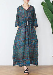 Vintage Green Print Cotton V Necktie Waist Spring Long Dress - bagstylebliss