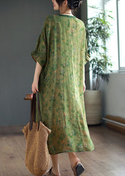 Vintage Green Ruffled Lace Up Print Linen Dress Half Sleeve