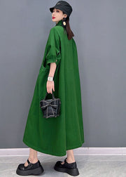 Vintage Green Solid Peter Pan Collar Cinched Pockets Cotton Long Dresses Half Sleeve