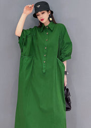 Vintage Green Solid Peter Pan Collar Cinched Pockets Cotton Long Dresses Half Sleeve