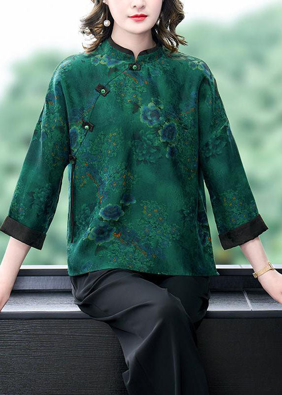 Vintage Green Stand Collar Print Button Patchwork Silk Top Spring