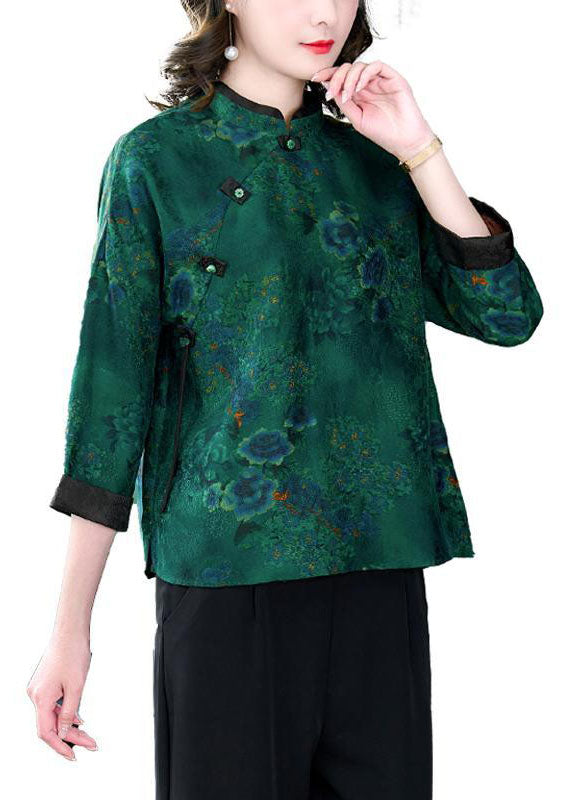 Vintage Green Stand Collar Print Button Patchwork Silk Top Spring