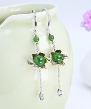 Vintage Green Sterling Silver Jade Floral Drop Earrings