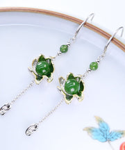 Vintage Green Sterling Silver Jade Floral Drop Earrings