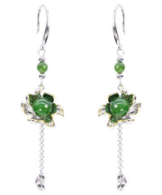 Vintage Green Sterling Silver Jade Floral Drop Earrings