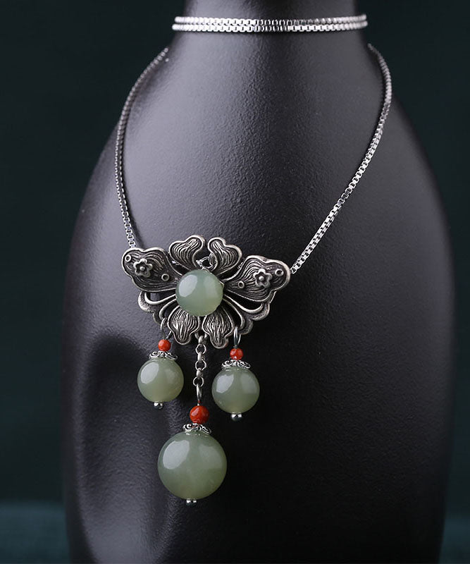 Vintage Green Sterling Silver Jade Floral Pendant Necklace