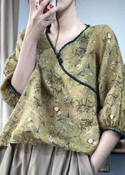 Vintage Green V Neck Ruffled Leaf Print Linen Shirts Lantern Sleeve