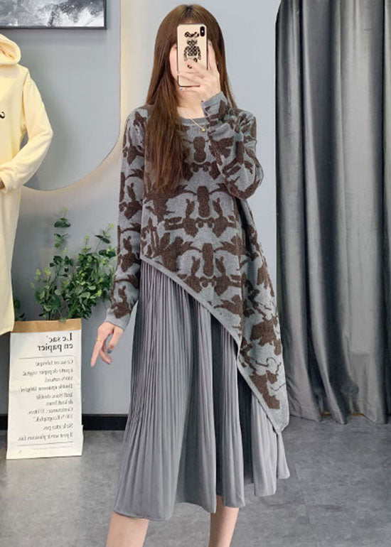 Vintage Grey Asymmetrical Patchwork Knit Long Dresses Spring