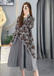 Vintage Grey Asymmetrical Patchwork Knit Long Dresses Spring