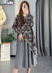 Vintage Grey Asymmetrical Patchwork Knit Long Dresses Spring