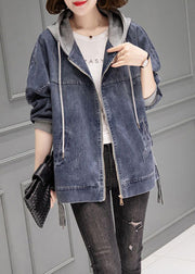 Vintage Grey Blue Patchwork Drawstring Hooded Denim Coat Fall