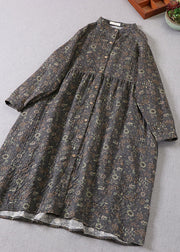 Vintage Grey Green Print Cotton Holiday Dress Spring