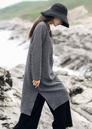 Vintage Grey Jacquard side open Knit Long Sweater Winter