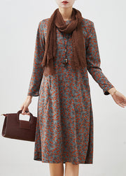 Vintage Grey Print Cotton Long Dress Spring