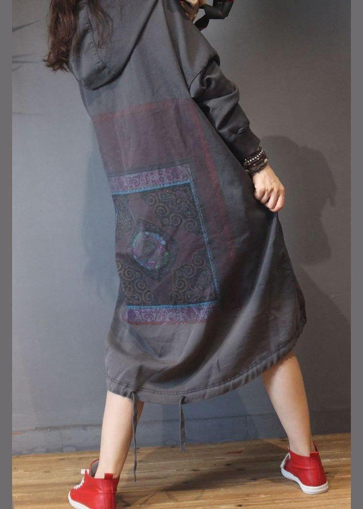 Vintage Grey Print Cotton hooded Summer Dress - bagstylebliss