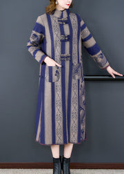 Vintage Grey Striped Side Open Button Patchwork Woolen Coats Fall