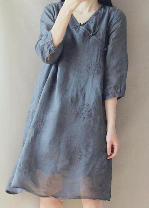 Vintage Grey V Neck Embroideried Button Linen Cheongsam Dress Half Sleeve