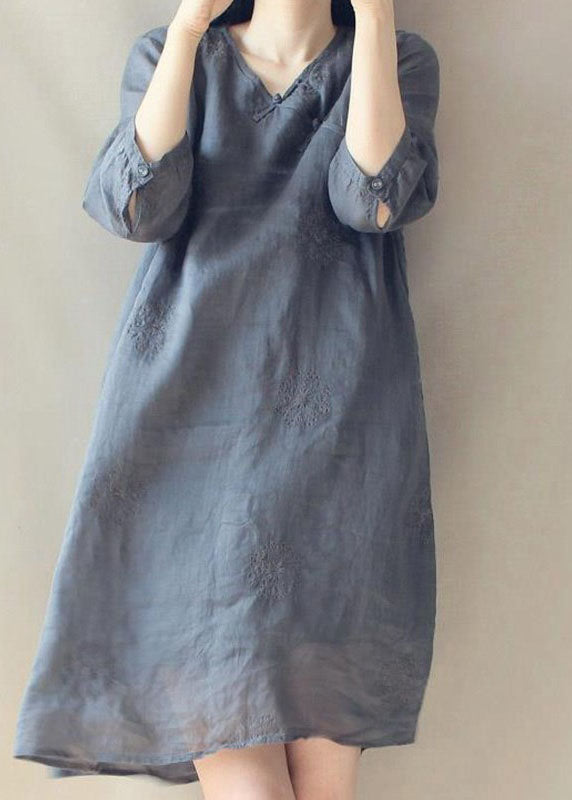 Vintage Grey V Neck Embroideried Button Linen Cheongsam Dress Half Sleeve