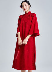 Vintage Jacquard Red Stand Collar Button Maxi Dresses Fall