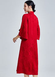 Vintage Jacquard Red Stand Collar Button Maxi Dresses Fall