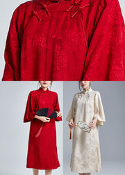 Vintage Jacquard Red Stand Collar Button Maxi Dresses Fall