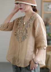 Vintage Khaki Embroidered Lace Patchwork Linen Shirt Top Half Sleeve