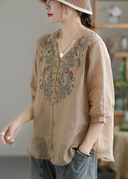 Vintage Khaki Embroidered Lace Patchwork Linen Shirt Top Half Sleeve