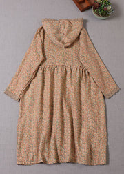 Vintage Khaki Hooded Print Cotton Holiday Dress Spring