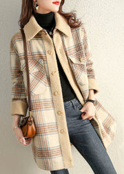 Vintage Khaki Bubikragen Plaid Winter Fleecemantel