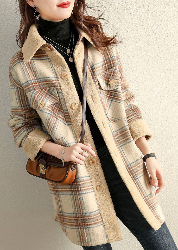 Vintage Khaki Bubikragen Plaid Winter Fleecemantel