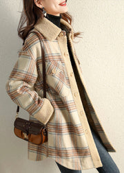 Vintage Khaki Bubikragen Plaid Winter Fleecemantel