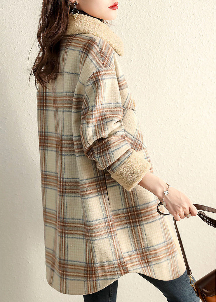 Vintage Khaki PeterPan Collar Plaid Winter fleece coat