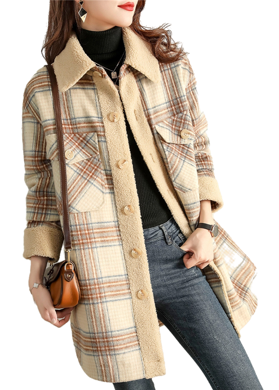 Vintage Khaki Bubikragen Plaid Winter Fleecemantel