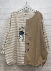 Vintage Khaki Striped Asymmetrical Patchwork Cotton Top Fall